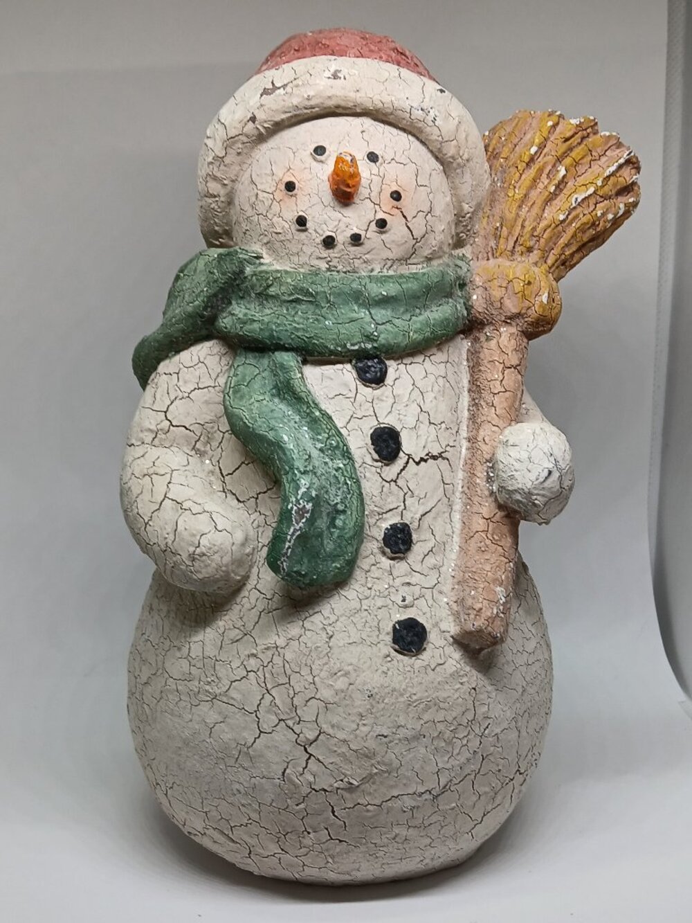MODERN CRACKLED SNOWMAN with BROOM HOLIDAY CHRISTMAS ORNAMENT
